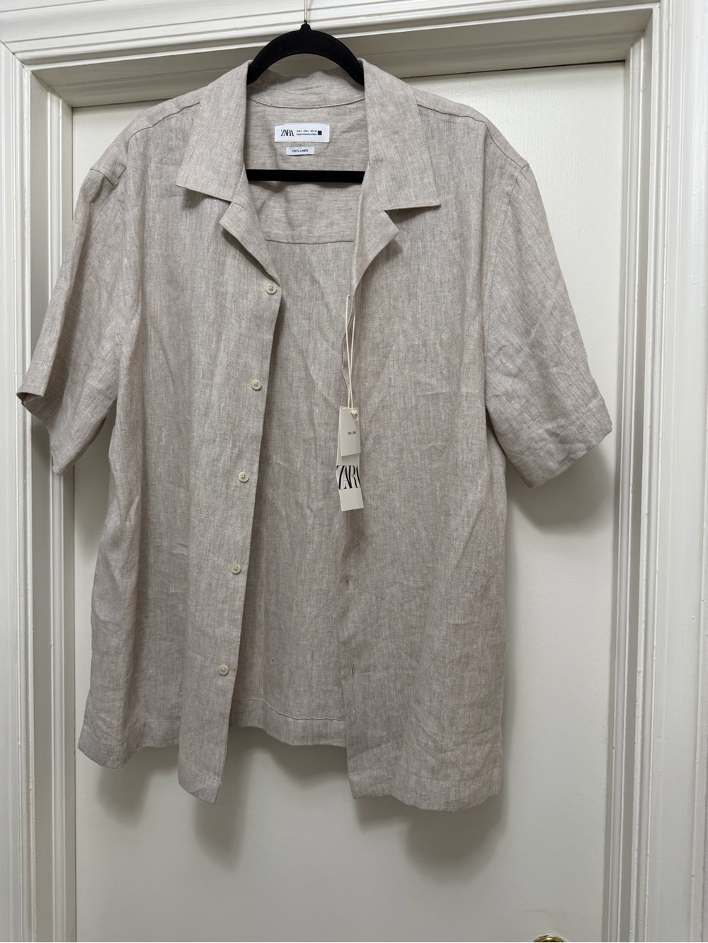 Zara Men Light Beige 100% Linen Short-Sleeve Button-Down Shirt